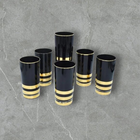 MCM Black with Gold Trim Hi-Ball Bar Drinking Glasses Set of 6 Tom Collins
